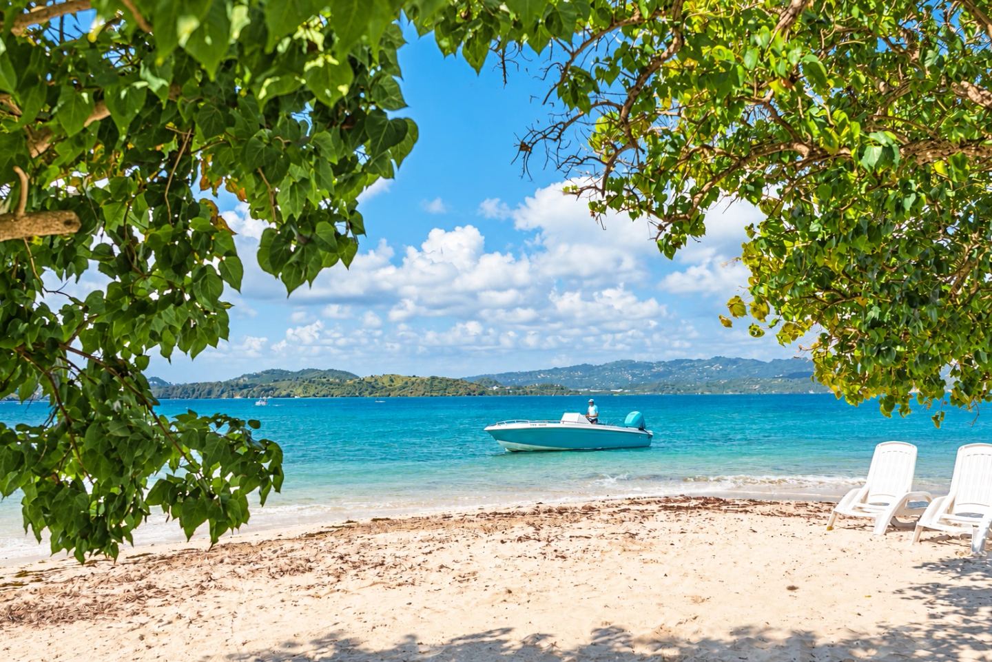 Le bateau MOWATA devant une plage d'îlet