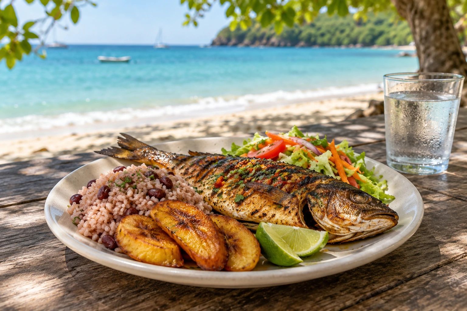 Visuel d’ambiance : poisson grillé, riz, banane plantain et salade en bord de mer