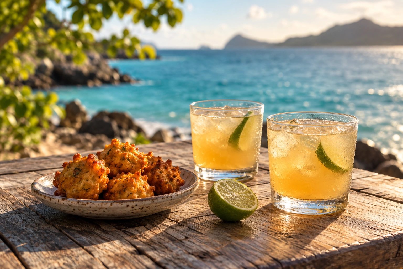 Visuel d’ambiance : accras et cocktails au citron vert face à la mer