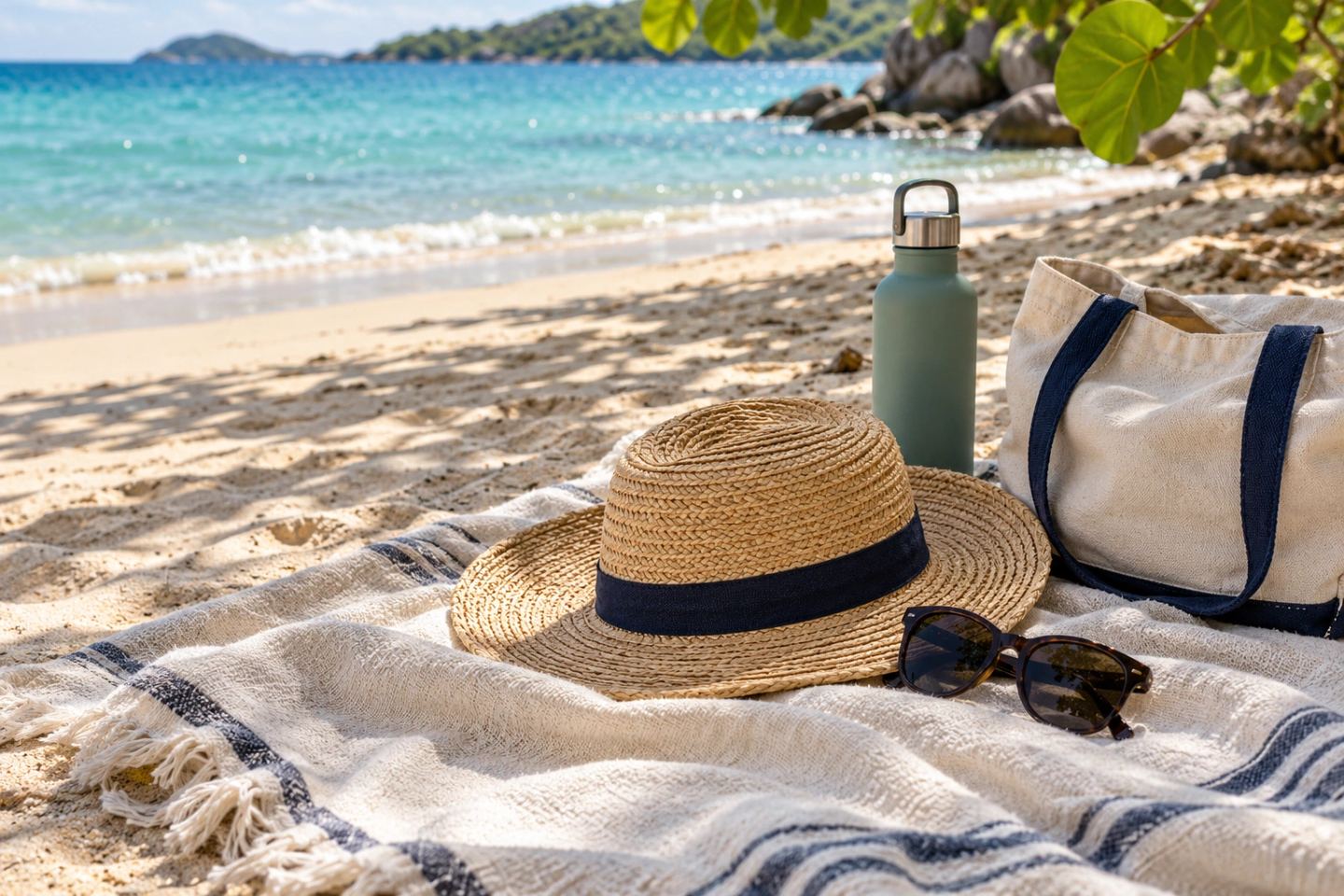 Chapeau, lunettes, gourde et sac de plage sur une serviette face à la mer — visuel d’ambiance